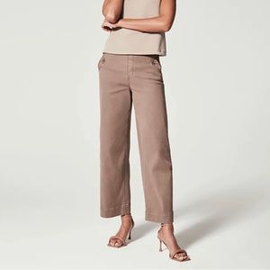 Women NWT Stretch Twill Cropped Wide Leg Pant, High Waist Casual Medium Brown
